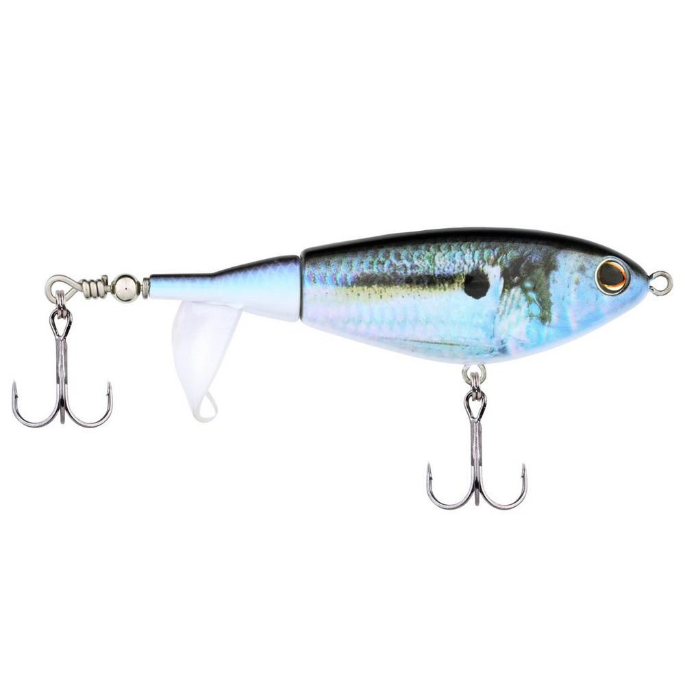 A top water fishing lure with a silver body, blue and yellow patterns, and dual sharp hooks.